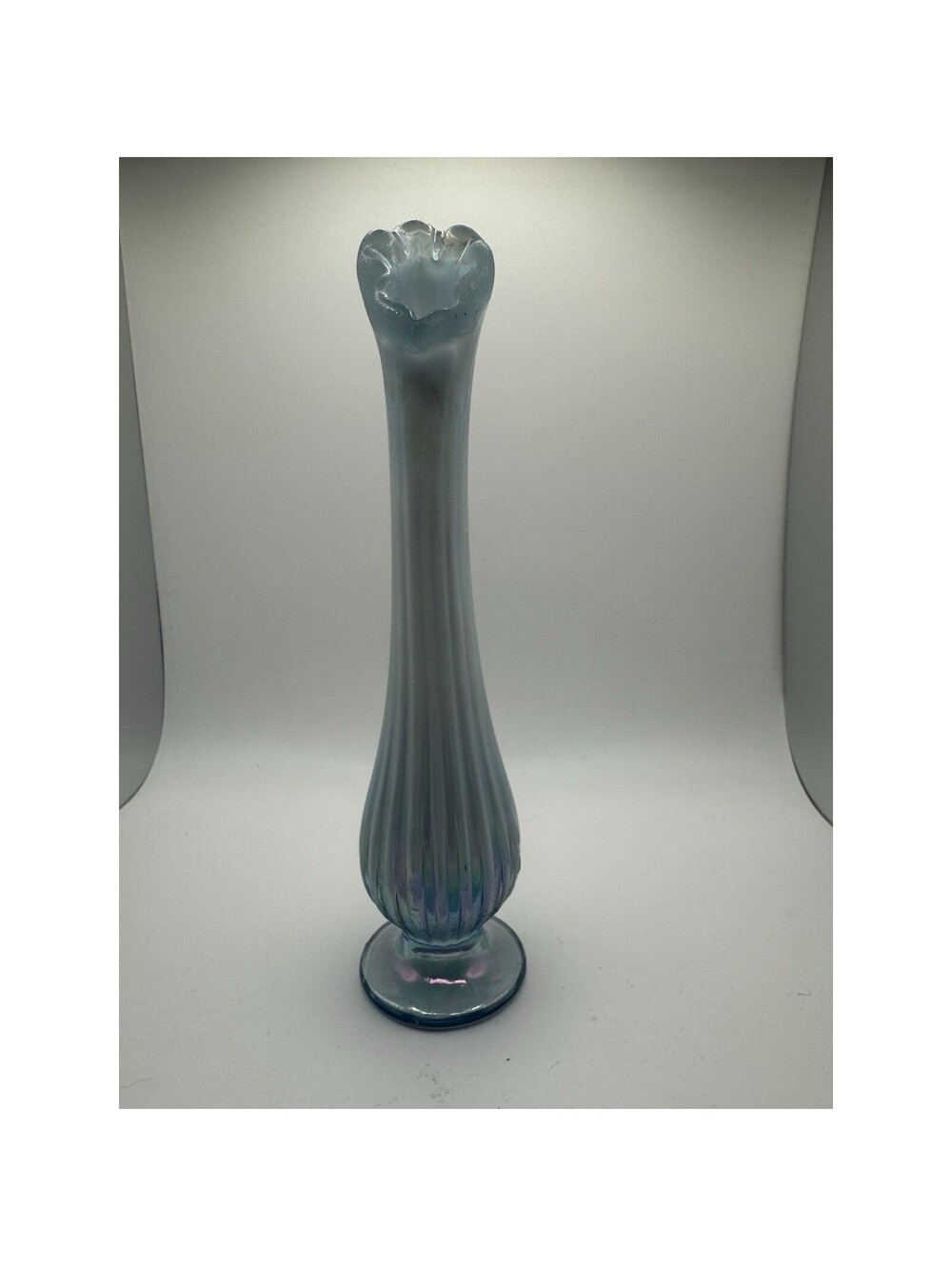FENTON GLASS 1997 MISTY BLUE SATIN BUD VASE, FABERGE, 7.5" TALL